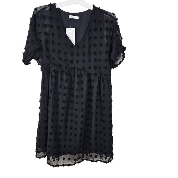 Womens Black Babydoll Short-Sleeve Boho Skater Dress Swiss Dot Pattern Size Med - Picture 5 of 11